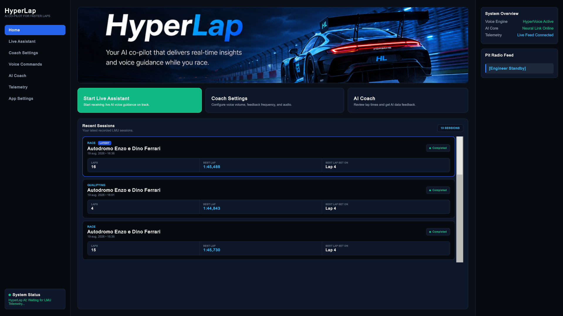HyperLap desktop home dashboard