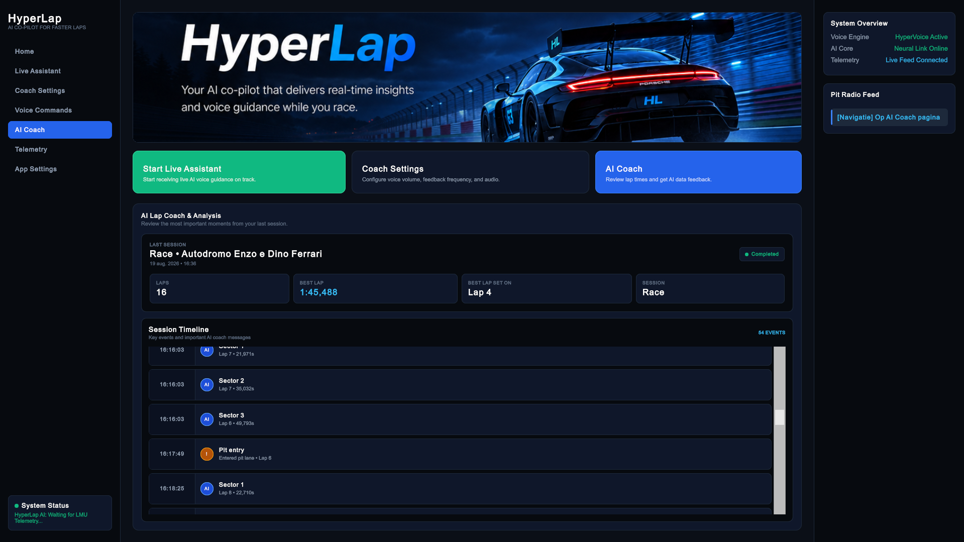 HyperLap application settings dashboard
