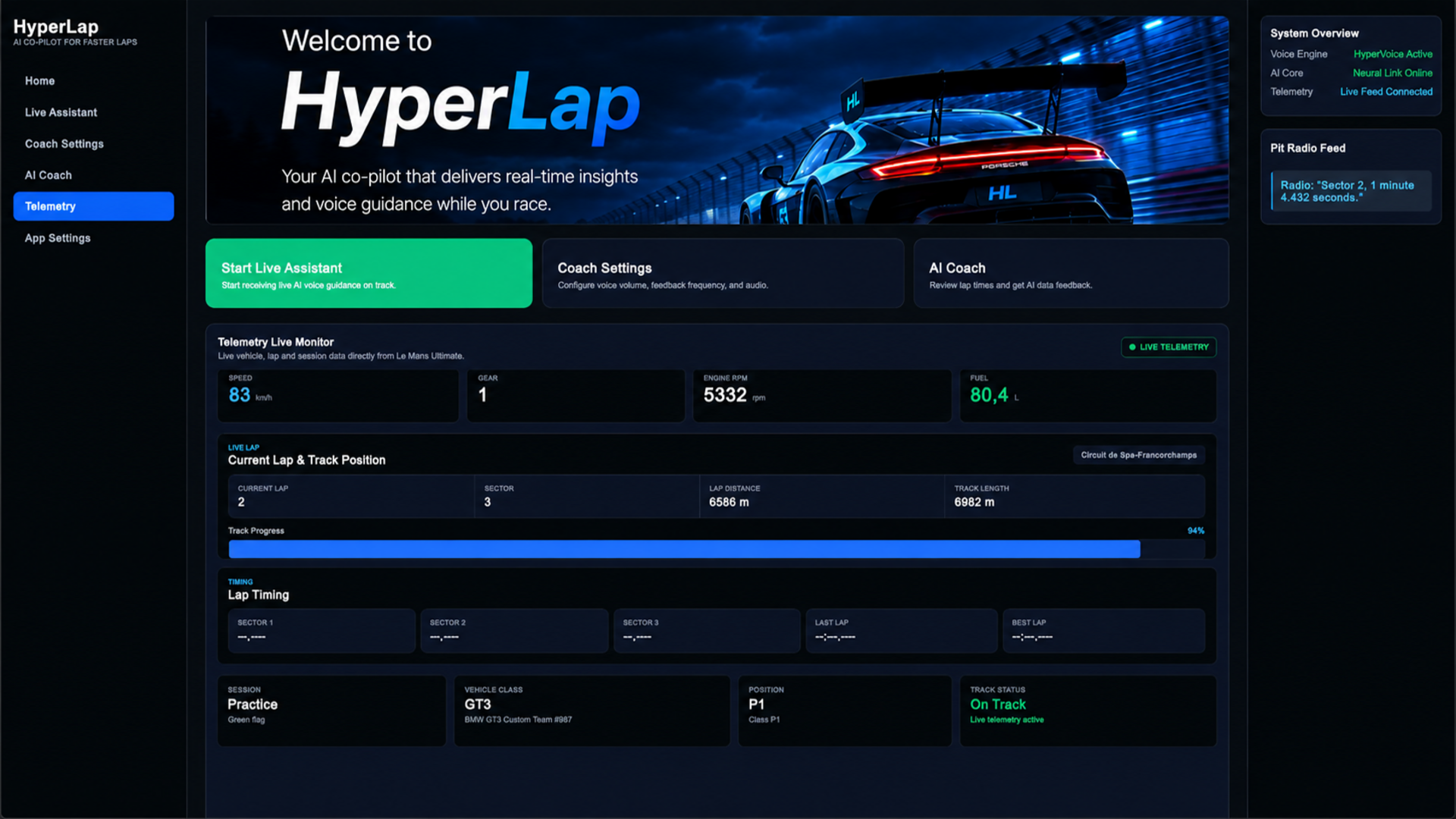 HyperLap coach settings dashboard